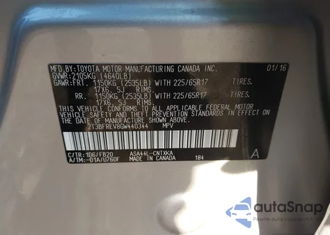 2016 Toyota Rav4 Le из США, поврежденный, VIN 2T3BFREV8GW440344